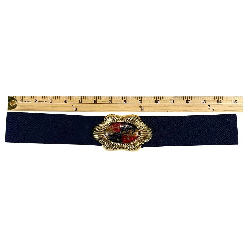 Nan Lewis VTG Women's Navy Stretch Belt Gold Statement Buckle 30